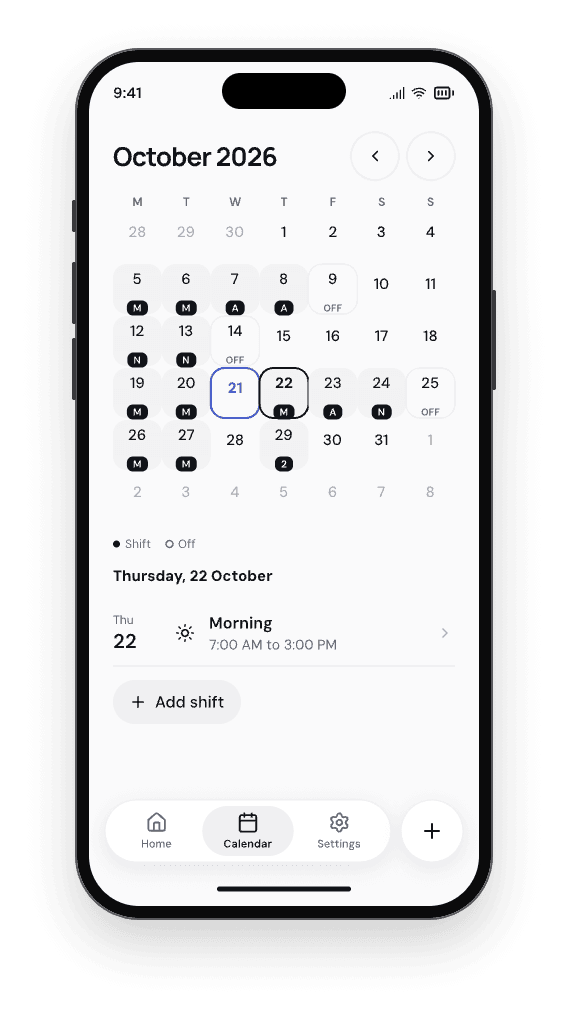 Kelly Calendar for October 2026, with shift codes on each working day and Thursday 22 October selected.
